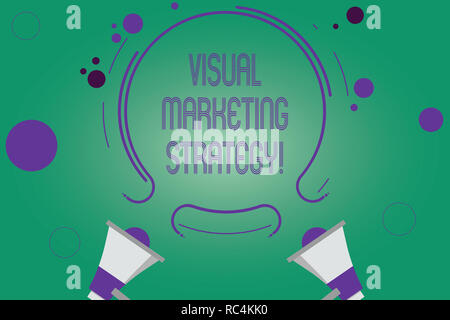 Writing note showing Visual Marketing Strategy. Business photo showcasing connecting marketing messages into images Two Megaphone and Circular Outline Stock Photo