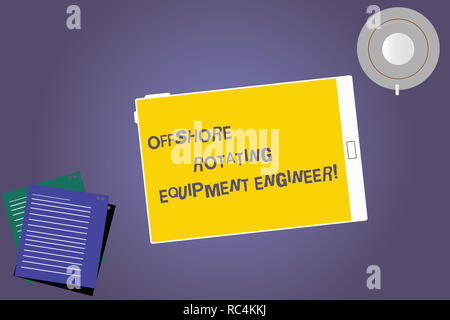 Text sign showing Offshore Rotating Equipment Engineer. Conceptual photo Oil and gas industry engineering Tablet Empty Screen Cup Saucer and Filler Sh Stock Photo
