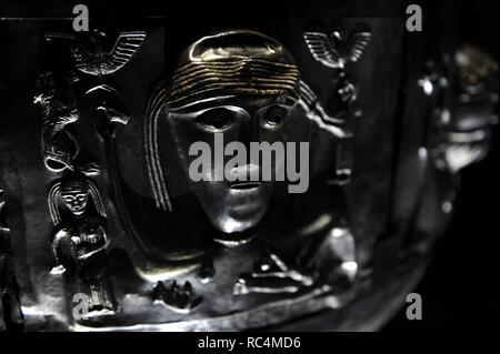 Art. The Gundestrup cauldron. Is a richly decorated silver vessel, thought to date between 200 BC and 300 AD, placing it within the late La Te ne period or early Roman Iron Age. Gundestrup in the Aars parish of Himmerland, Denmark. Goddess with a torc about her neck and long hair which is being braided by a figure on her right-hand side. National Museum of Denmark. Stock Photo