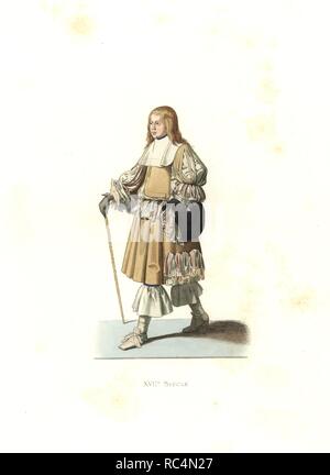 Young adolescent of Holland, 17th century, from a painting by Pierre van Slingelandt in the Louvre. Handcolored illustration by E. Lechevallier-Chevignard, lithographed by A. Didier, L. Flameng, F. Laguillermie, from Georges Duplessis's 'Costumes historiques des XVIe, XVIIe et XVIIIe siecles' (Historical costumes of the 16th, 17th and 18th centuries), Paris 1867. The book was a continuation of the series on the costumes of the 12th to 15th centuries published by Camille Bonnard and Paul Mercuri from 1830. Georges Duplessis (1834-1899) was curator of the Prints department at the Bibliotheque na Stock Photo