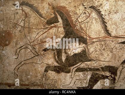 Magna Graecia. Lucanian tomb. Greek style painting with italic influence depicting a quadriga. Detail. Tomb 48A. 4th century BC. Archaeological Museum of Paestum. Italy. Stock Photo