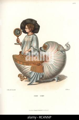 Winged nautilus shell with a woman's figure fashioned by a goldsmith, 16th century. The shell is polished to reveal the rainbow sheen of mother of pearl, and decorated with gold and silver. The pregnant woman wears a large hat, transparent smock and holds a mirror. From a painting on parchment in the castle library at Aschaffenburg. Chromolithograph from Hefner-Alteneck's "Costumes, Artworks and Appliances from the Middle Ages to the 17th Century," Frankfurt, 1889. Illustration by Dr. Jakob Heinrich von Hefner-Alteneck, lithographed by C. Regnier. Dr. Hefner-Alteneck (1811 - 1903) was a German Stock Photo