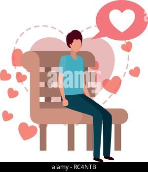 man sitting on park chair with hearts character Stock Vector