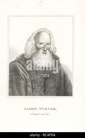 James Turner, old beggar who made a shilling an hour and posed for Sir Joshua Reynolds' painting Count Ugolino and Nathaniel Hone's Conjuror. Copperplate engraving by R. Grave from John Caulfield's Portraits, Memoirs and Characters of Remarkable Persons, Young, London, 1819. Stock Photo