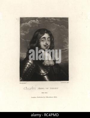 Charles Stanley, 8th Earl of Derby, only son of James Stanley and Charlotte de La Tremouille, 1628-1672. Copperplate mezzotint by Robert Dunkarton after an original miniature painting by Anthony van Dyck from Samuel Woodburn's Portraits of Characters Illustrious in British History, London, 1812. Stock Photo
