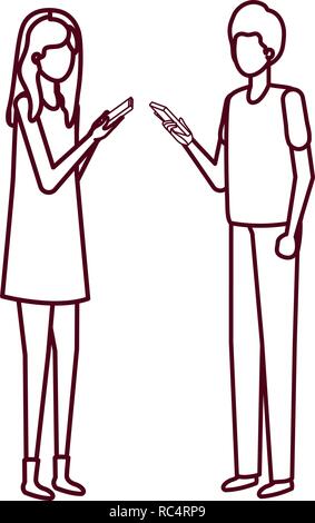 young couple with smartphone avatar character Stock Vector