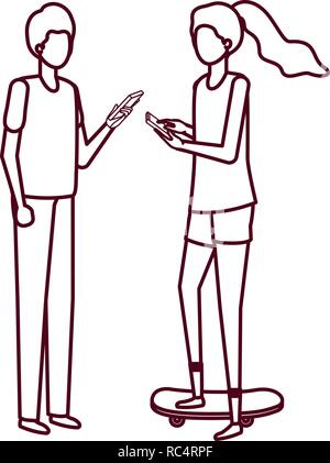 young couple with smartphone avatar character Stock Vector