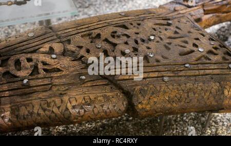 Ceremonial Viking sleigh, detail. Found on the burial chamber of the Tomb of the Oseberg Ship. 9th century. Viking Ship Museum. Oslo. Norway. Stock Photo