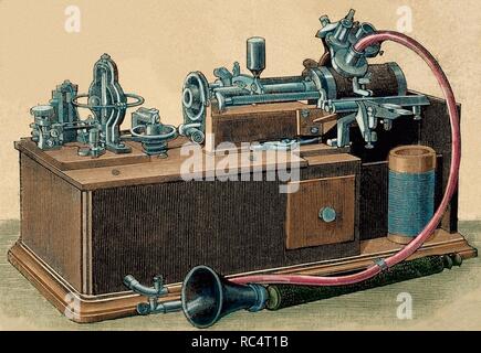 Phonograph invented in 1877 by Thomas Alva Edison (1847-1931).  Engraving, 19th century. Colored. Stock Photo