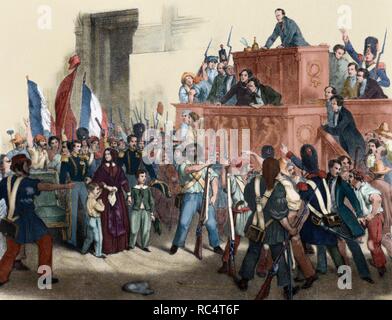 France. Liberal Revolution, 1848. Popular uprising to force the abdication of King Louis Philippe of Orleans and proclaim the Second Republic (Days 22 to 24 February). National Assembly invaded by the people, February 24, 1848. Engraving. Colored. Stock Photo