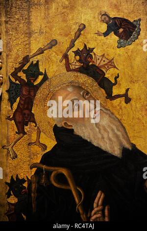 Saint Anthony the Abbot turmented by Demons, 1500-1503. Detail. Panel of an altarpiece dedicated to the Trinity, Saint Anthony the Abbot and the Blessed Ramon Llull. By Joan Desi (documented in Majorca between 1481-1520).  From the Chapel of the Potters of the Church of El Sant Esperit, Convent of Calced Trinitarians, Palma de Mallorca, Spain. National Art Museum of Catalonia. Barcelona. Catalonia. Spain. Stock Photo