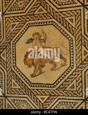 Dionysus Mosaic. Detail. 3rd century. Roman. It decorated the floor of the banquet hall, on the west side of the peristyle of a large house. The images of Dionysus with maenads and satyrs highlight the festive character of the hall. Found in Cologne, Germany. Roman-Germanic Museum. Cologne. Germany. Stock Photo