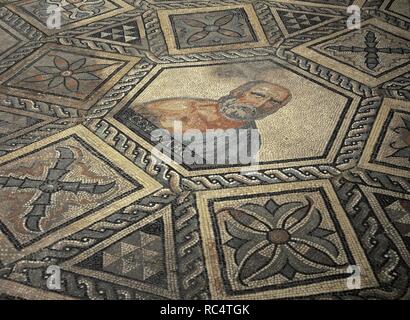 Sophocles (496-406 BC). Greek tragic poet. Portrait of the poet. Mosaic of the Philosophers, depicting the Seven Sages of Ancient Greece. Detail. Found in Cologne, Germany. Roman-Germanic Museum. Cologne. Germany. Stock Photo