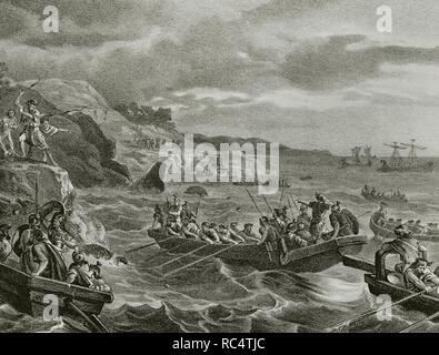 Carthaginian Iberia (575-206 B.C). Balearic Islands. Attack and conquest by the Carthaginians (247-183 B.C.). Engraving, 1871. Stock Photo