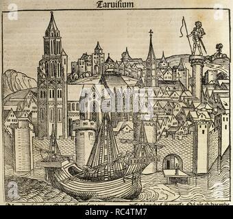Italy. Treviso city. Veneto region. It stands at the confluence of Botteniga with the Sile rivers. Engraving. 'Liber Chronicarum de Hartmann Schedel', 1493. Stock Photo