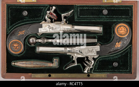 Cased Pair of Double-Barreled Turn-Off Flintlock Pistols. Culture: French, Paris. Dimensions: L. of each pistol 8 in. (20.3 cm); L. of each barrel 3 7/8 in. (9.8 cm); Cal. of each .46 in. (11.7 mm); Wt. of each pistol 1 lb. 5 oz. (600 g); bullet mould (28.196.6a); L. 5 3/4 in. (14.6 cm); Wt. 4.3 oz. (121.9 g); wrench (28.196.6b); L. 3 7/8 in. (9.8 cm); Wt. 2.6 oz. (73.7 g); case (28.196.6c); H. 3 7/16 in. (8.7 cm); W. 11 1/2 in. (29.2 cm); D. 6 7/8 in. (17.5 cm); Wt. 2 lb. 15 oz. (1332.4 g). Engraver: Possibly Fleury Montagny (French, born St. Étienne, February 4, 1760-died 1836, Marseilles).  Stock Photo