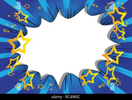 Vector illustrated retro comic book big blank explosion bubble on blue background, pop art vintage style backdrop. Stock Vector
