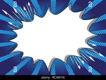 Vector illustrated retro comic book big blank explosion bubble on blue background, pop art vintage style backdrop. Stock Vector