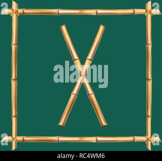 Vector bamboo alphabet. Capital letter X made of realistic brown dry bamboo poles inside of wooden stick frame isolated on green background. Abc conce Stock Vector