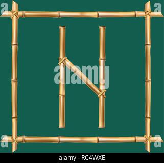 Vector bamboo alphabet. Capital letter N made of realistic brown dry bamboo poles inside of wooden stick frame isolated on green background. Abc conce Stock Vector
