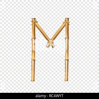 Vector bamboo alphabet. Capital letter M made of realistic brown dry bamboo poles isolated on transparent background. Abc concept for creating words,  Stock Vector