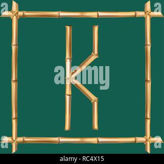Vector bamboo alphabet. Capital letter K made of realistic brown dry bamboo poles inside of wooden stick frame isolated on green background. Abc conce Stock Vector