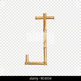 Vector bamboo alphabet. Capital letter J made of realistic brown dry bamboo poles isolated on transparent background. Abc concept for creating words,  Stock Vector