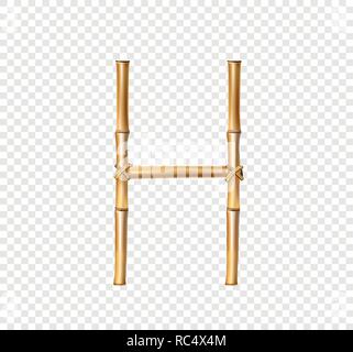 Vector bamboo alphabet. Capital letter H made of realistic brown dry bamboo poles isolated on transparent background. Abc concept for creating words,  Stock Vector