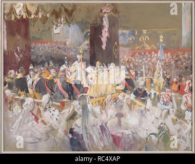 The Coronation of Emperor Nicholas II in the Assumption Cathedral. Museum: PRIVATE COLLECTION. Author: Makovsky, Konstantin Yegorovich. Stock Photo
