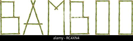 Vector word bamboo of capital letters made of realistic green bamboo sticks poles isolated on white background. Clip art. Stock Vector