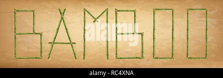 Vector word bamboo of capital letters made of realistic green bamboo sticks poles on old paper, papyrus, parchment or canvas background. Clip art. Stock Vector