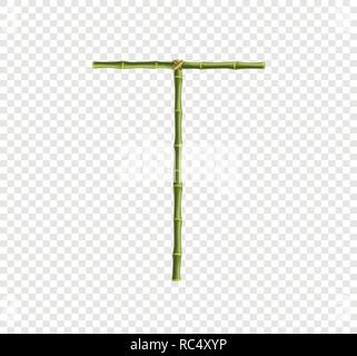 Vector bamboo alphabet. Capital letter T made of realistic green bamboo sticks poles isolated on transparent background. Abc concept for creating word Stock Vector