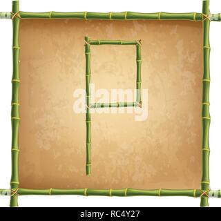 Vector bamboo alphabet. Capital letter P made of realistic green bamboo sticks poles on old paper, papyrus, parchment or canvas background. Abc concep Stock Vector