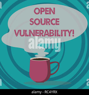 Writing note showing Open Source Vulnerability. Business photo showcasing Publicized Exploits are open to malicious users Mug of Hot Coffee with Blank Stock Photo
