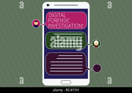 Handwriting text Digital Forensic Investigation. Concept meaning recovery of information from computers Mobile Messenger Screen with Chat Heads and Bl Stock Photo