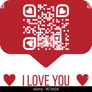 Vector illustration of I LOVE YOU text QR code in red chat bubble on white background. Can be used as valentine sticker, greeting card, love message, t-shirt graphic, love label. Stock Vector