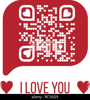Vector illustration of I LOVE YOU text QR code in red chat bubble on white background. Can be used as valentine sticker, greeting card, love message, t-shirt graphic, love label. Stock Vector