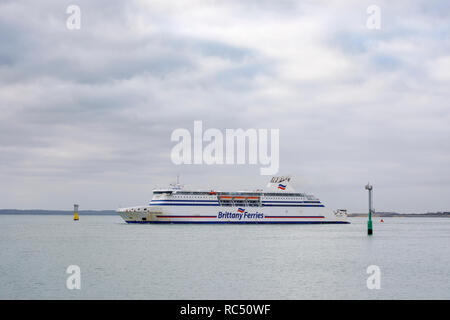 Brittany Ferries car and passenger ferry 'Cap Finistere' underway at sea sailing to Spain in Portsmouth Harbour, Portsmouth, south coast England, UK Stock Photo