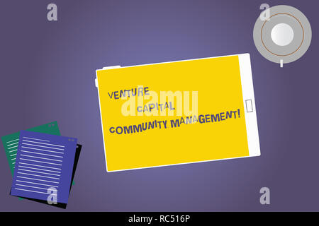 Text sign showing Venture Capital Community Management. Conceptual photo Private equity capital analysisagement Tablet Empty Screen Cup Saucer and Fil Stock Photo