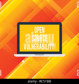 Handwriting text writing Open Source Vulnerability. Concept meaning Publicized Exploits are open to malicious users Laptop Monitor Personal Computer D Stock Photo