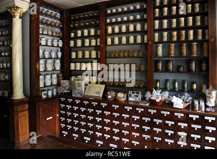 Finland. Turku. Pharmacy Museum and the Qwensel house, built in the 1700s in an area reserved for the nobility. A pharmacy from the 19th century has been furnished in the shop wing of the building. Collection of pharmacy utensils on display. Stock Photo