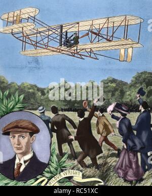 Wilbur Wright (1867-1912). American aviator. With his brother is credited with inventing and building the world's first successful airplane. Plane flying over the field Anvours (France) at a speed of 80 km / h. 1908. Colored engraving. Stock Photo