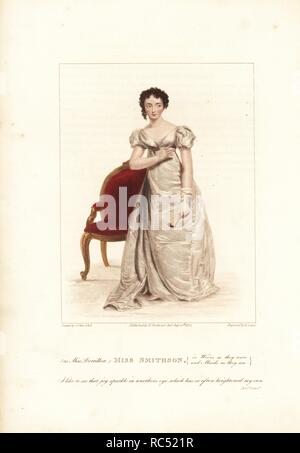 Miss Harriet Constance Smithson as Miss Dorrillon in 'Wives as They Were and Maids as They Are' the Theatre Royal Drury Lane. Handcoloured stipple copperplate engraving by Robert Cooper after a painting by George Clint. From D. Terry's 'British Theatrical Gallery,' London, Henry Berthoud Jr., 1825. Stock Photo