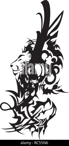 Tribal lion and dragon head symbol with feathers. Flaming black double symbol formed by the head of a lion and the aggressive head of a dragon Stock Vector