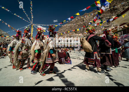 Ladakh, India - August 29, 2018: Performers in traditional costumes playing and dancing in Ladakh, India. Illustrative editorial. Stock Photo