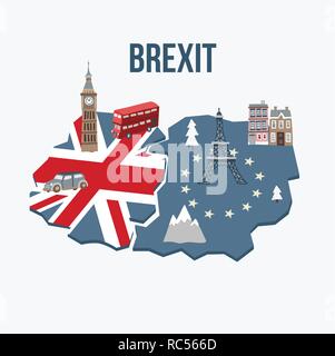 Brexit concept. Flags of the United Kingdom and the European Union on cracked map background. Possible exit of Great Britain from the EU. Symbols of London and continental Europe. Vector illustration. Stock Vector