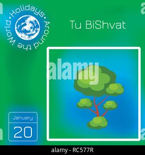 Tu BiShvat. Jewish festival of fruit trees. Tree with a green crown. Calendar with name and date Stock Vector