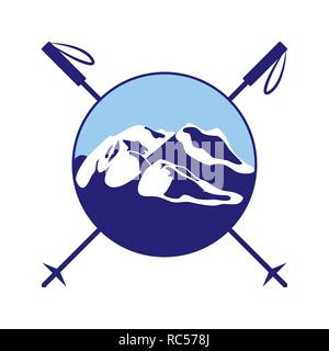 World Snow Day. Day of winter sports. Round logo- mountains, crossed ski poles Stock Vector