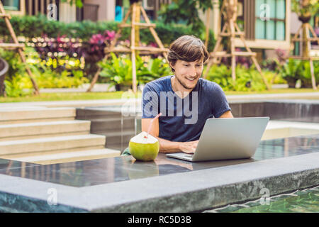 Young freelancer working on vacation next to the swimming pool Stock Photo
