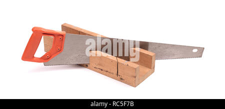 Miter box with a saw, isolated on a white background Stock Photo